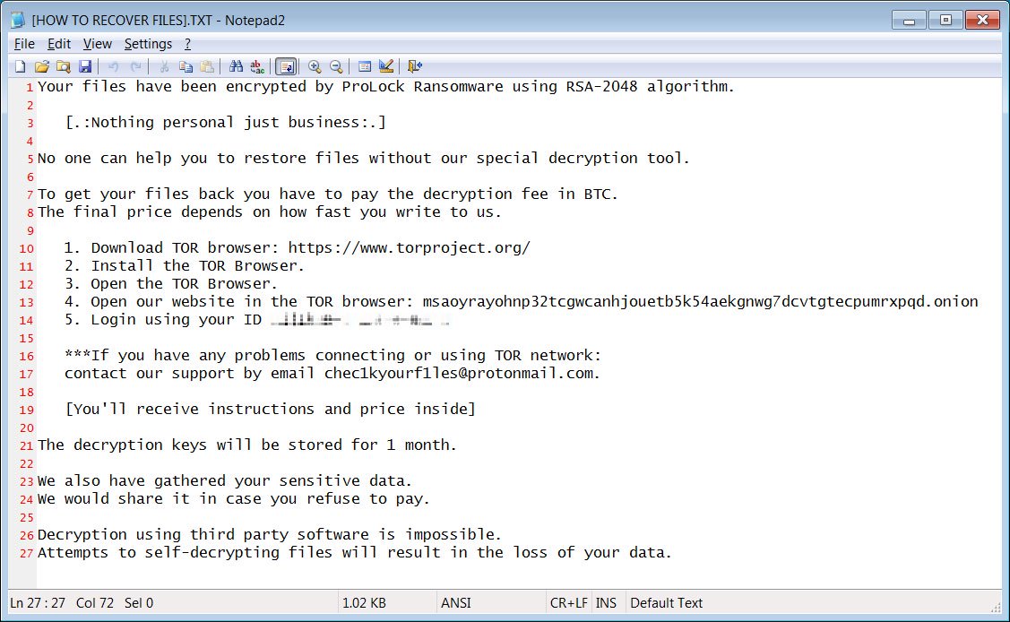 Poruka o otkupnini - ProLock ransomware